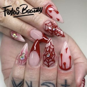 Fofosbeauty 24pcs Press on Nails  Artificial Acrylic Nails for Salon Quality in Seconds Almond French Red French Spider Web Rhinestone