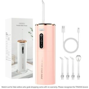 TINANA Water Dental Flosser: Portable Cordless Electric Water Flosser with 5 Jet Tips  3 Modes Rechargeable Oral Irrigator with 280ml Water Tank  IPX7 Waterproof for Teeth Cleaning-Pink