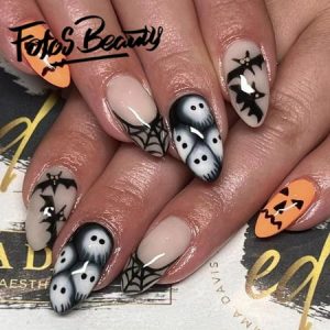 Fofosbeauty 24pcs Press on Nails  Artificial Acrylic Nails for Salon Quality in Seconds Almond French Black Bat Pumpkin Glossy