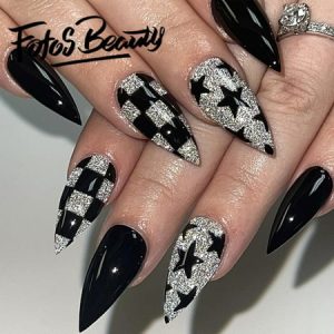 Fofosbeauty 24pcs Press on Nails  Artificial Acrylic Nails for Salon Quality in Seconds Almond French Black Silevr Pentagram