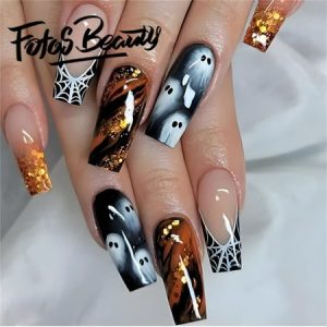 Fofosbeauty 24pcs Halloween Press on Nails  Artificial Acrylic Nails for Salon Quality in Seconds Coffin Spider Web French Gradient