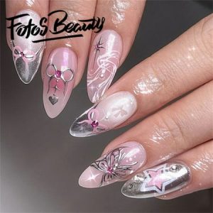 Fofosbeauty 24pcs Press on Nails  Artificial Acrylic Nails for Salon Quality in Seconds Almond French Butterfly Pearls Diamonds