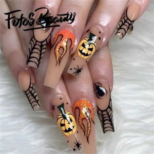 Fofosbeauty 24pcs Halloween Press on Nails  Artificial Acrylic Nails for Salon Quality in Seconds Coffin Trapezoidal Pumpkin Spider Web