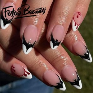 Fofosbeauty 24pcs Press on Nails  Artificial Acrylic Nails for Salon Quality in Seconds Almond French Bat Black and White