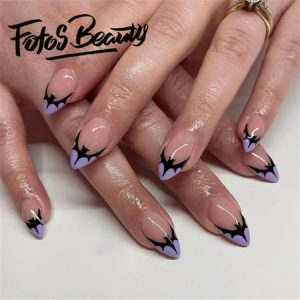 Fofosbeauty 24pcs Press on Nails  Artificial Acrylic Nails for Salon Quality in Seconds Almond French Purple Bat
