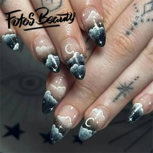 Fofosbeauty 24pcs Press on Nails  Artificial Acrylic Nails for Salon Quality in Seconds Almond French Purple Starry Moon Smudge