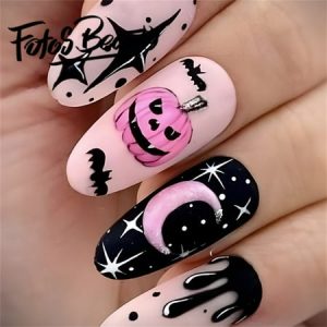 Fofosbeauty 24pcs Press on Nails  Artificial Acrylic Nails for Salon Quality in Seconds Almond French Pink Pumpkin Spice Girl Star Glitter