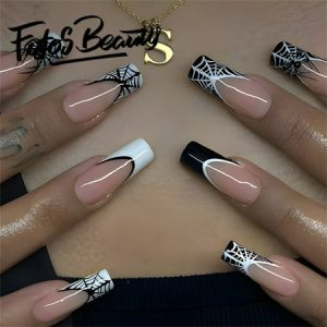 Fofosbeauty 24pcs Halloween Press on Nails  Artificial Acrylic Nails for Salon Quality in Seconds Coffin Black and White French Manicure Spider Web Diamonds