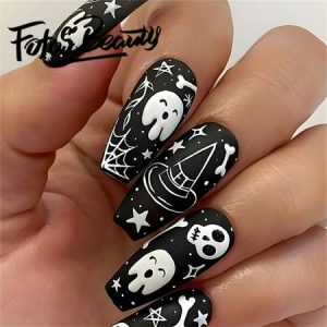 Fofosbeauty 24pcs Halloween Press on Nails  Artificial Acrylic Nails for Salon Quality in Seconds Coffin Black and White Star Ghost
