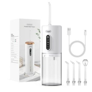 TINANA Water Dental Flosser: Portable Cordless Electric Water Flosser with 5 Jet Tips  3 Modes Rechargeable Oral Irrigator with 280ml Water Tank  IPX7 Waterproof for Teeth Cleaning-White